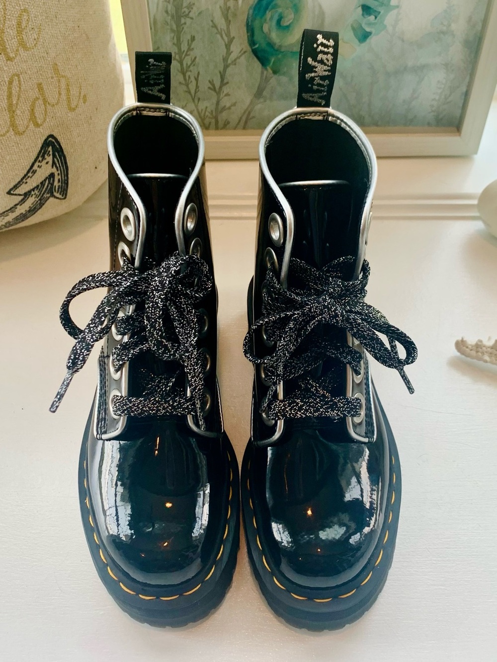 Dr. Martens Molly Black Patent Platform Lace-Up Ankle Boots Yellow Stitching